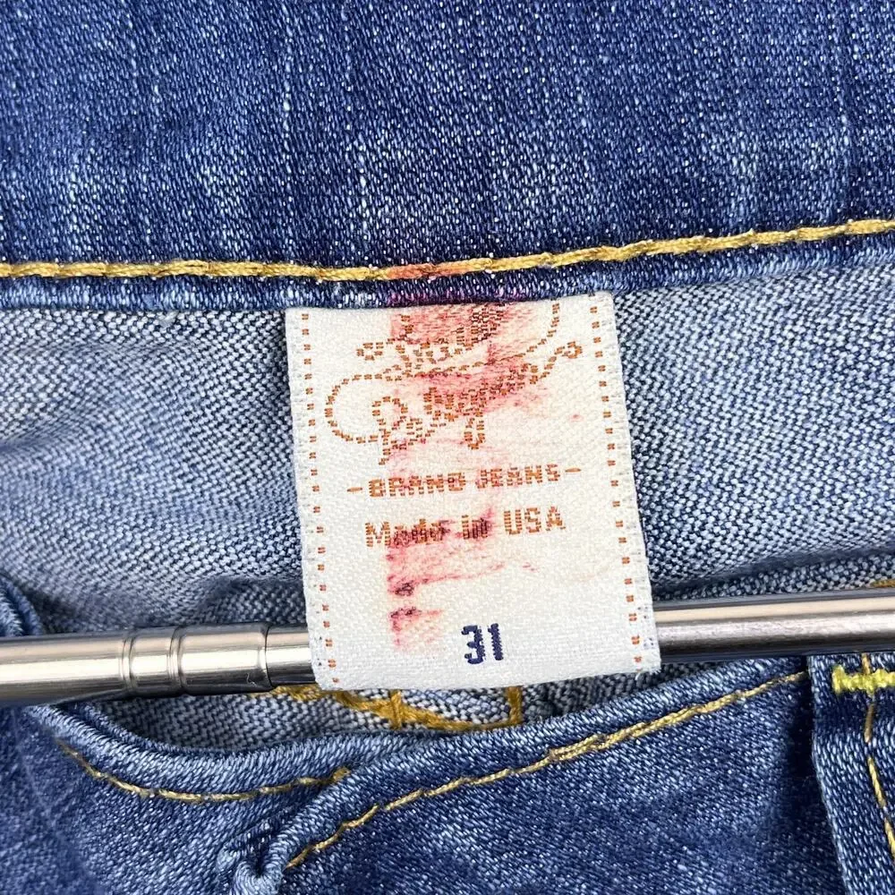 Vintage True Religion Jeans Yellow Stitching Flap Pocket USA Made 34x25 (Hemmed)